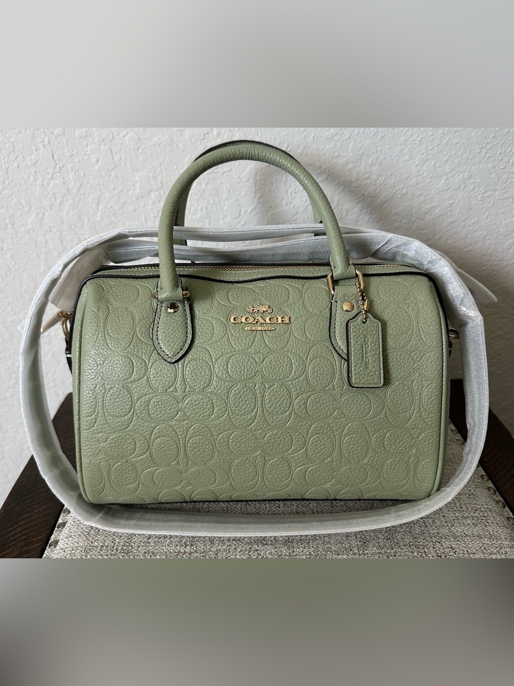 Coach Rowan Satchel Bag Signature Leather In Pistachio CEW03/Gold/Pistachio